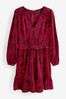 Red Feather Print Long Sleeve Mini V-Neck Dress, Petite