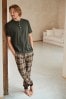 Khaki Green/Neutral Check Motionflex Cosy Cuffed Pyjamas Set