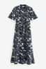 Navy Blue Print Zip Neck Midi Dress, Regular