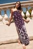 Purple Placement Print 100% Cotton Bandeau Maxi Dress, Regular