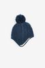 Navy Blue Knitted Baby Trapper Pom Hat (0mths-2yrs)