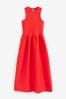 Red Ribbed Sleeveless Vest Poplin Mix Midi Cotton Blend Dress, Regular