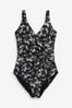 Schwarz mit winzigem Blumenmuster - Bauchformende Badeanzug mit Rüschen an der Seite, Regular