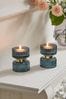 Set of 2 Navy/Gold Glass Tealight and Tapered Candle Holders