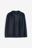 Navy Blue Textured Knit Zip Neck Long Sleeve Polo Shirt (3-16yrs)