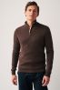 Brown Zip Neck Knitted Premium Regular Fit Jumper, Zip Neck