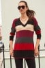 Black/Red Stripe Printed Cosy V-Neck Long Sleeve Longline Tunic Jumper, Regular