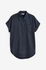 Navy Blue Short Sleeve Shirt With Linen