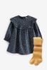 Marineblau geblümt - Kleid mit Rüschen und Strumpfhose im Set (3 Monate bis 8 Jahre)