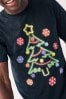 Black Neon Tree Print Christmas T-Shirt