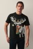 Black Reindeer Doodle Print Christmas T-Shirt
