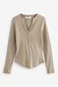 Taupe Brown Ribbed Button Detail Long Sleeve Henley Top, Regular