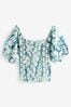 Teal Blue Leaf Print 100% Cotton Puff Sleeve Square Neck Off Shoulder Summer Top, Regular