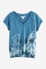 Blue Palm Placement Print V-Neck Cotton Bubble Hem Top, Regular