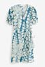 Teal Blue Leaf Print Short Sleeve V-Neck Wrap Mini Dress, Regular