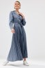 Blue Pleated Long Sleeve Midi Dress, Regular