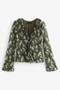 Khaki Green Ditsy Floral Long Sleeve Ruffle Front Mesh Top, Regular