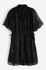 Black Sparkle Flutter Sleeve Tie Waist Mini Dress, Regular