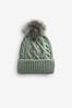 Khaki Green Cable Knit Pom Hat