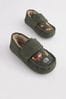 Khaki Green Woodland Embroidery Recycled Faux Fur Lined Moccasin Slippers