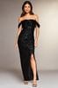 Lipsy Black Sequin Bardot Split Drape Maxi Dress, Regular