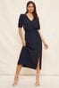 Friends Like These Navy Puff Sleeve Ruched Waist V Neck Midi Summer Dress