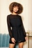 Friends Like These Black Sequin Mix Sheer Long Sleeve Sequin Trim Fit and Flare Mini Dress