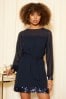 Friends Like These Blue Mix Sheer Long Sleeve Sequin Trim Fit and Flare Mini Dress