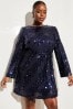 Lipsy Navy Blue Curve Long Sleeve Round Neck Sequin Belted Shift Dress, Curve