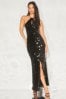 Lipsy Black Sequin Halter Ruched Maxi Dress, Regular