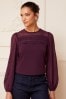 Love & Roses Berry Red Long Sleeve Dobby Mix Jersey Blouse, Regular