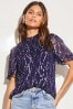 Lipsy Navy Blue Spot Foil Printed Chiffon Flutter Sleeve Top, Regular