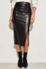Lipsy Black Petite Faux Leather Ruched Split Midi Skirt, Petite