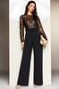 Lipsy Black Petite Wide Leg Long Sleeve Lace Sweetheart Belted Jumpsuit