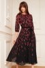 Love & Roses Black Animal 3/4 Sleeve Printed Pleated Belted Midi Dress, Regular