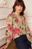 Love & Roses Green Floral V Neck Lace Long Sleeve Lace Trim Dobby Spot Blouse, Regular