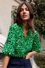 Love & Roses Green Animal Ruffle V Neck 3/4 Sleeve Button Up Blouse