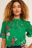 Love & Roses Green Floral Lace Mix Yoke High Neck Ruffle Sleeve Top