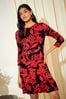 Friends Like These Red Floral Fit And Flare Round Neck 3/4 Sleeve Dress