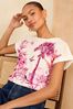 White Love & Roses Crew Neck Woven Trim Linen Look Jersey T-Shirt, Regular