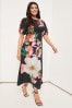 Lipsy Black Floral Curve Woven Underbust Puff Sleeve Summer Midi Dress, Curve