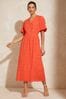 Love & Roses Orange Broderie V Neck Puff Sleeve Midi Dress