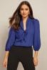 Friends Like These Blue V Neck Bow Front 3/4 Sleeve Blouse, Regular
