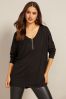 Friends Like These Black Zip Soft Jersey V Neck Long Sleeve Tunic Top, Regular