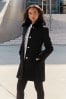 Lipsy Black Faux Fur Collar Military Button Coat, Regular