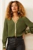 Love & Roses Khaki Green Sequin V Neck Long Sleeve Blouse, Regular