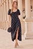 Friends Like These Black Petite Printed Sweetheart Puff Sleeve Summer Midi Dress, Petite