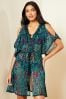 Love & Roses Green Animal Printed Lace Trim Mini Coverup Kaftan