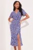 Lipsy Blue Animal Petite Jersey Print Flutter Sleeve Ruched Wrap Midi Dress, Petite