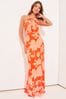 Lipsy Orange / Red Floral Jersey Underbust Halter Maxi Dress, Regular